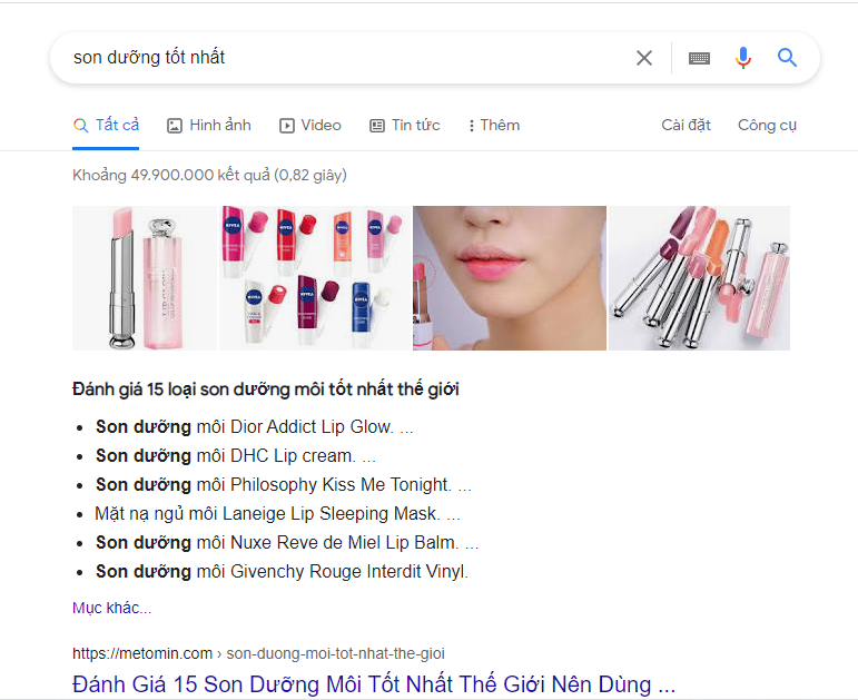 Hiển thị khi tìm kiếm “son dưỡng tốt nhất” trên Google