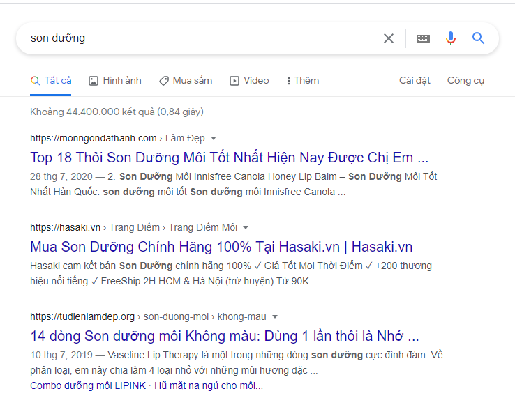 Hiển thị khi tìm kiếm “son dưỡng” trên Google