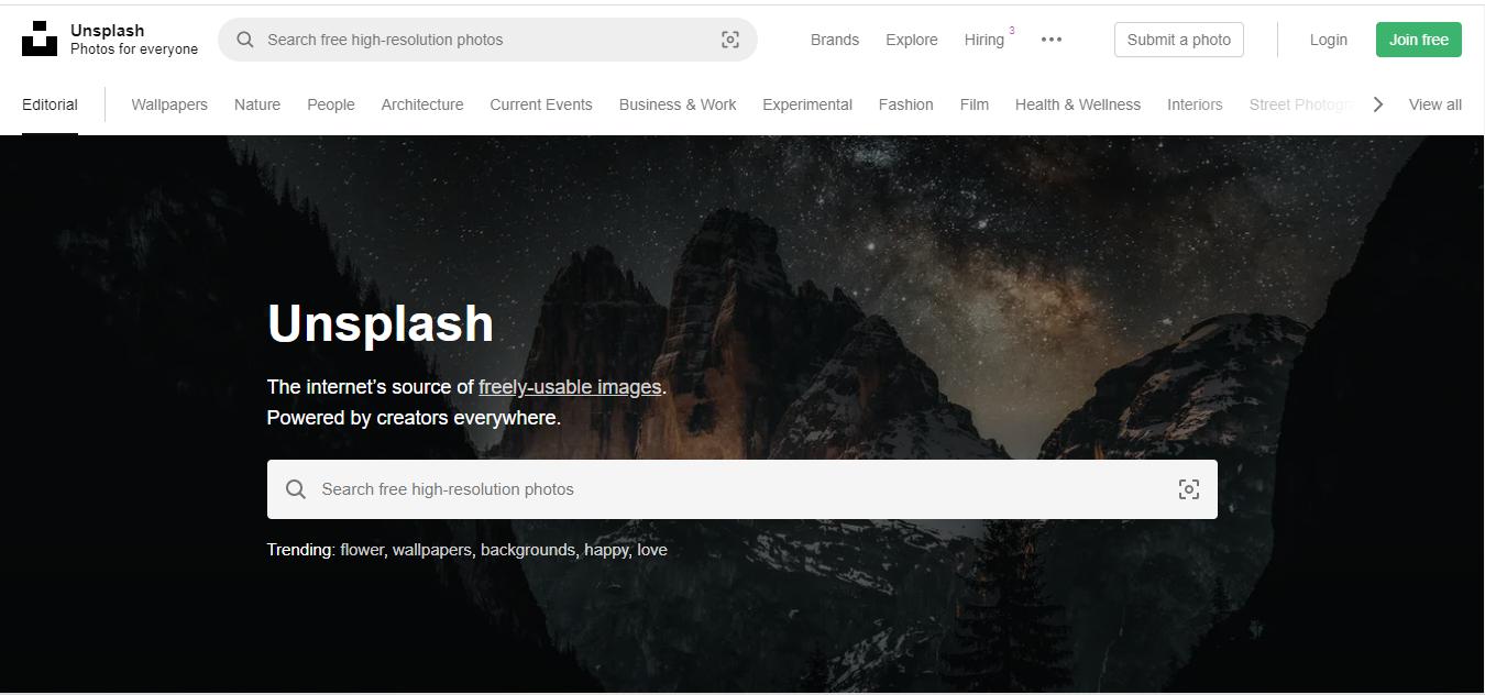 Trang chủ tìm kiếm hình ảnh Unsplash với nguồn ảnh phong phú